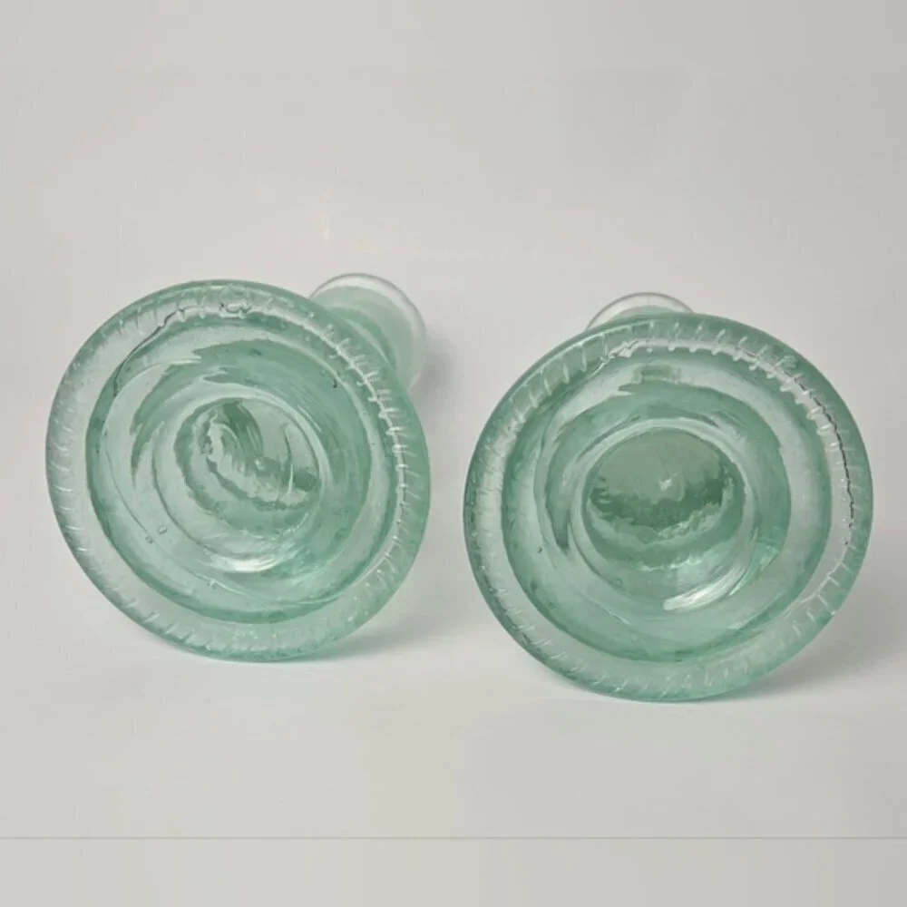 Spanish Recycled Green Glass Candlesticks Set 8” Vintage Style Pair